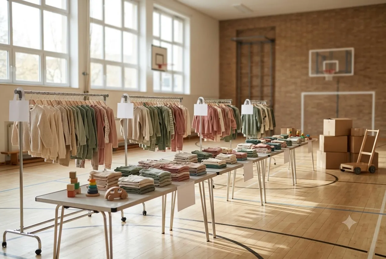A school sports hall before opening: clothing rails sorted by size, tables of folded children's clothes, stacked boxes and a hand trolley