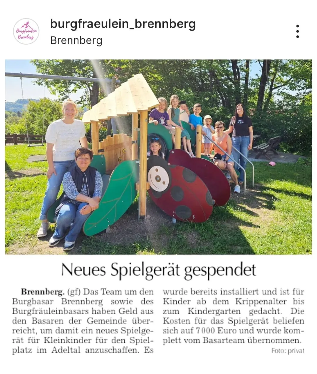 Zeitungsartikel: Neues Spielgerät für den Spielplatz gespendet