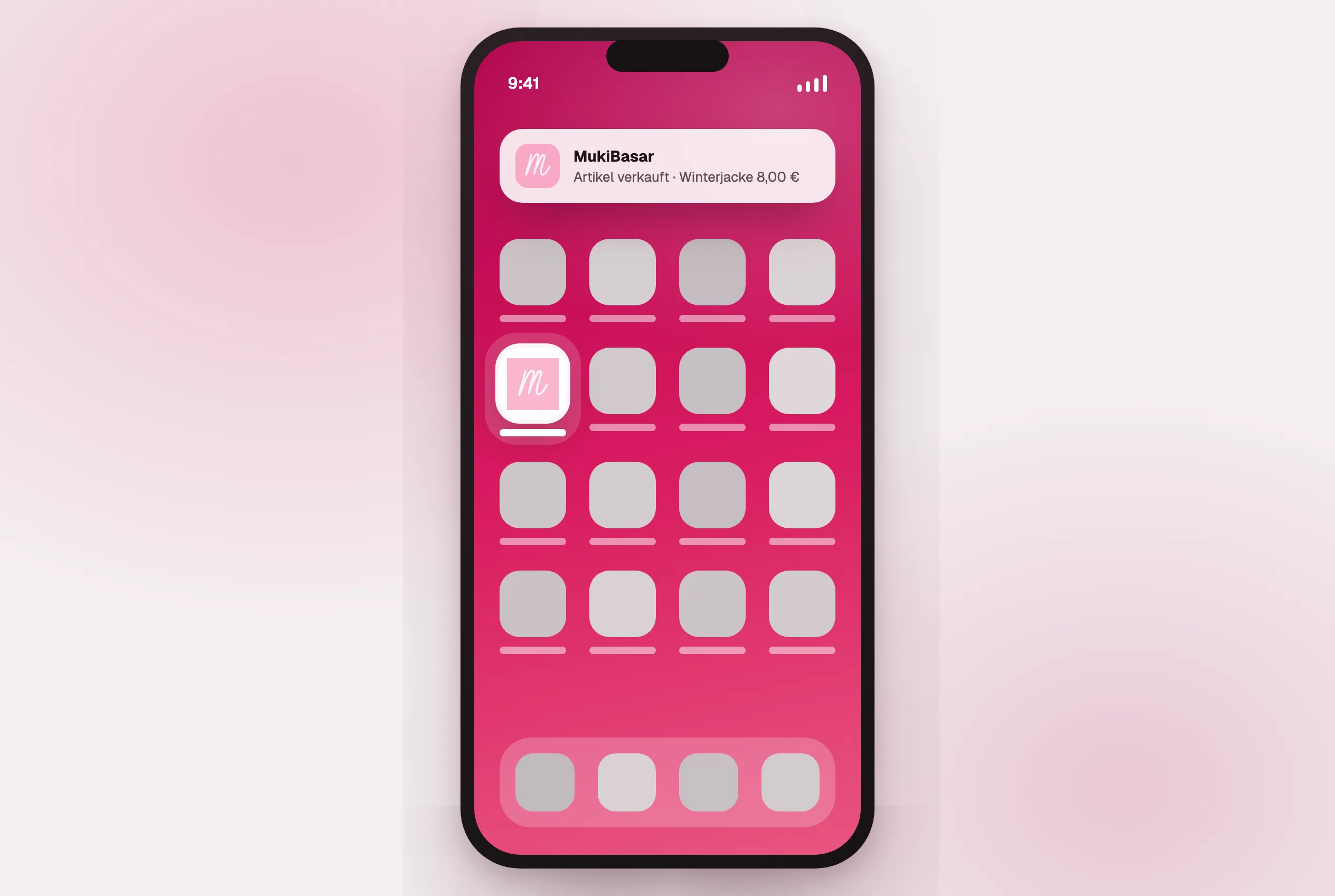 Ein Smartphone-Startbildschirm mit mehreren App-Symbolen, von denen eines das MukiBasar-Logo trägt und hervorgehoben ist