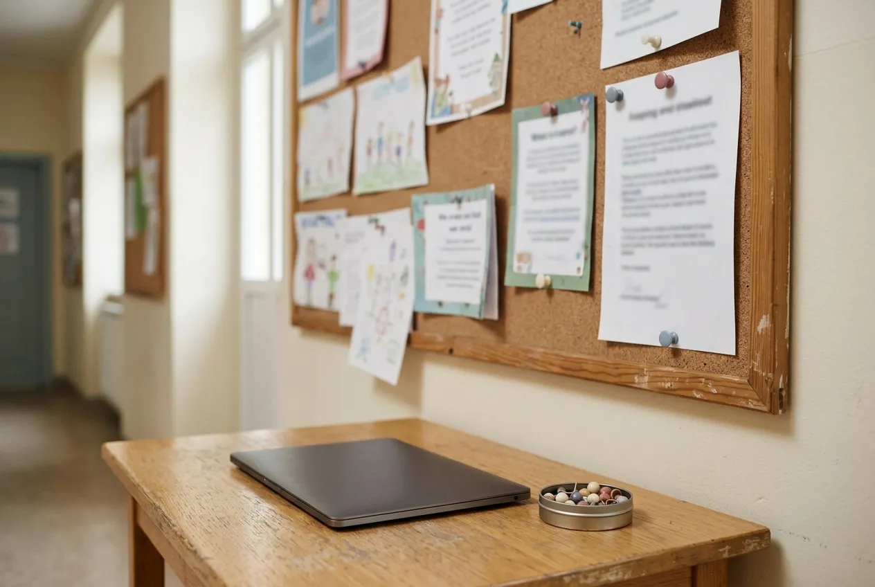 Noticeboard in a nursery hallway with pinned notices, in front of it a wooden table with a closed laptop and a tin of pushpins